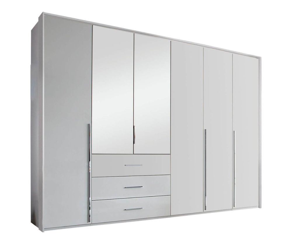Rauch Montclar Alpine White Carcase with High Polish White Front 6 Door 2 Mirror Combi Wardrobe with Drawers