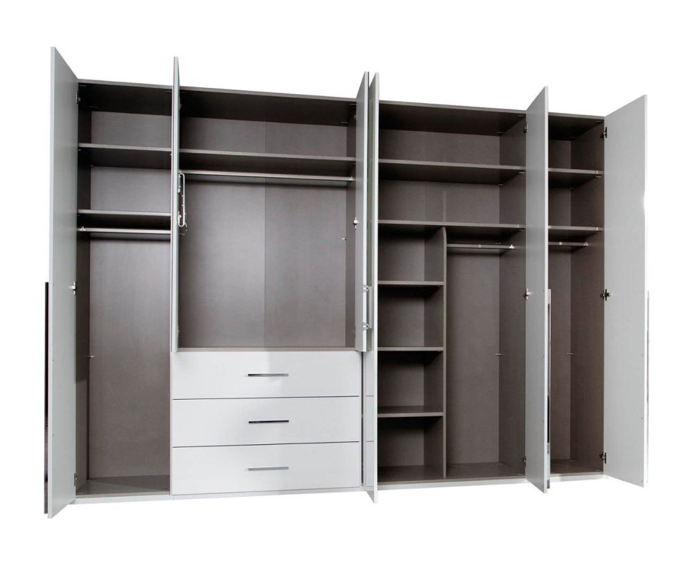 Rauch Montclar Alpine White Carcase with High Polish White Front 6 Door 2 Mirror Combi Wardrobe with Drawers