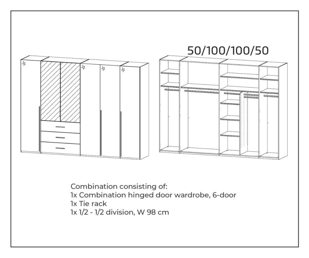 Rauch Montclar Alpine White Carcase with High Polish White Front 6 Door 2 Mirror Combi Wardrobe with Drawers