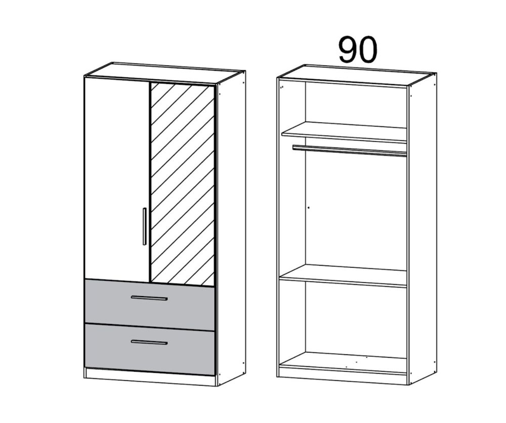 Rauch Alvor Alpine White with Metallic Grey 2 Door 2 Drawer Combi Wardrobe with Mirror (W91cm)