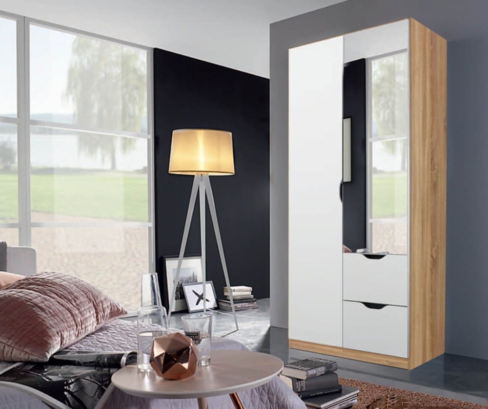 Rauch Arnstein Sonoma Oak Colour Carcase with White Front 2 Door 1 Mirror Combi Wardrobe with Drawer