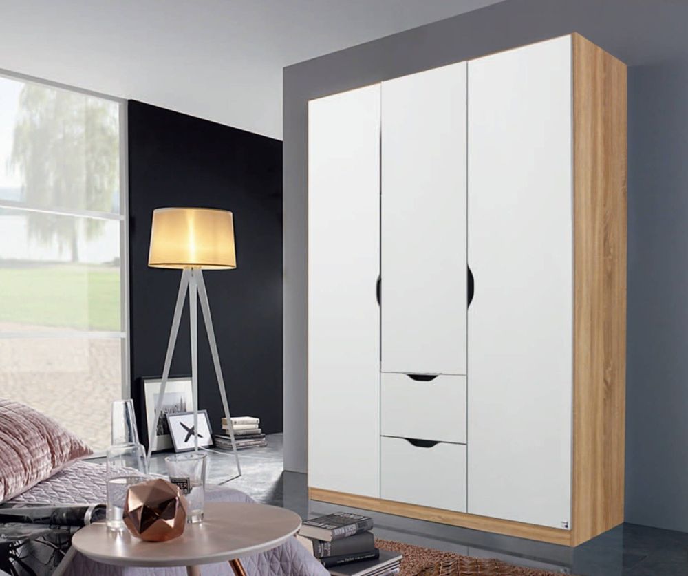Rauch Arnstein Artisan Oak Colour Carcase with White Front 3 Door 2 Drawer Combi Wardrobe