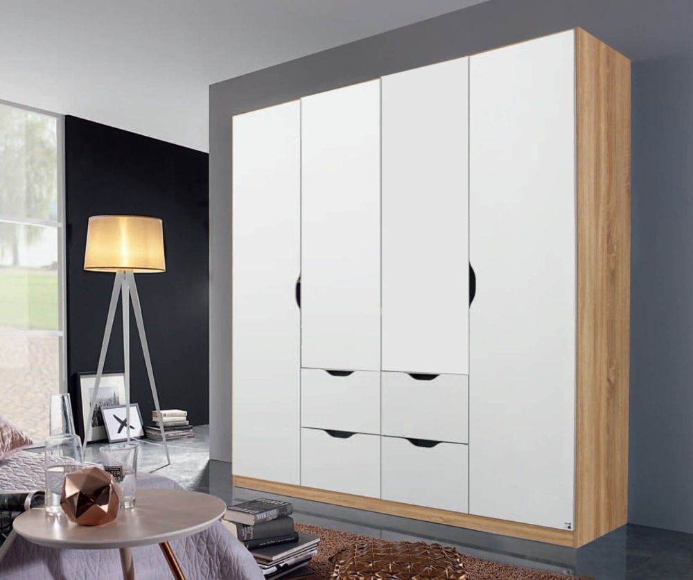 Rauch Arnstein Artisan Oak Colour Carcase with White Front 4 Door 4 Drawer Combi Wardrobe