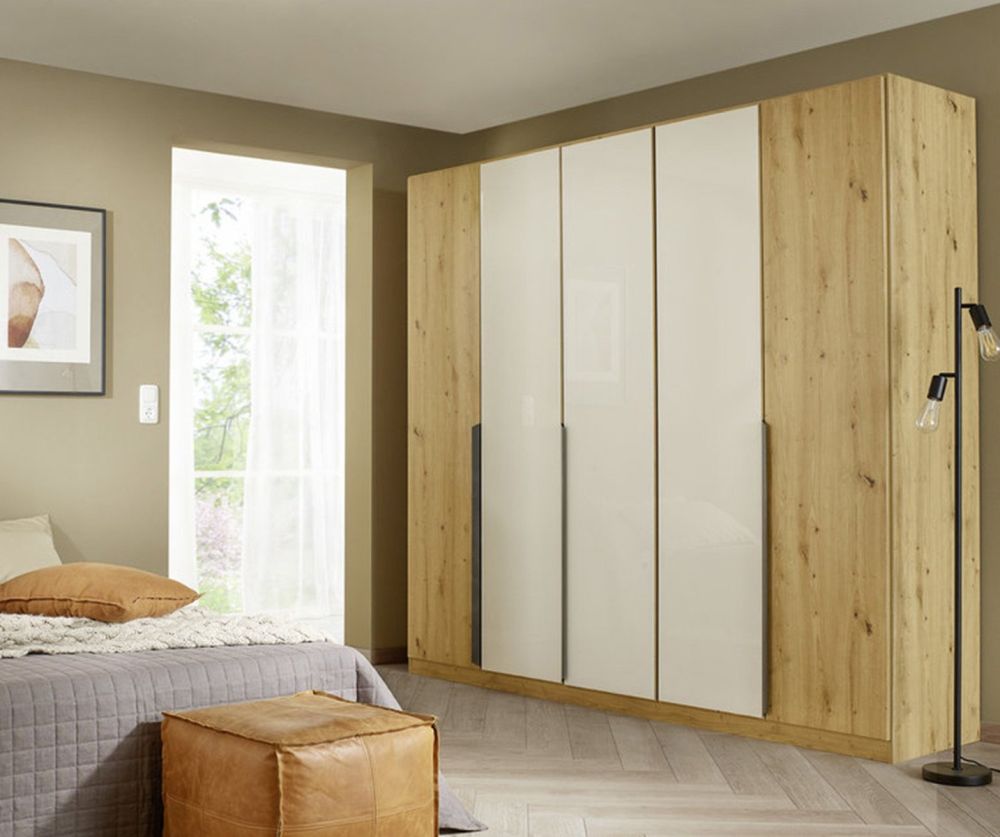 Rauch Artemis Artisan Oak Carcase and Champagne Glass Front 5 Door Hinged Wardrobe
