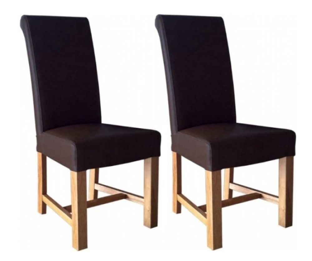 Homestyle GB Chunky Brown Leather Scroll Dining Chair in Pair