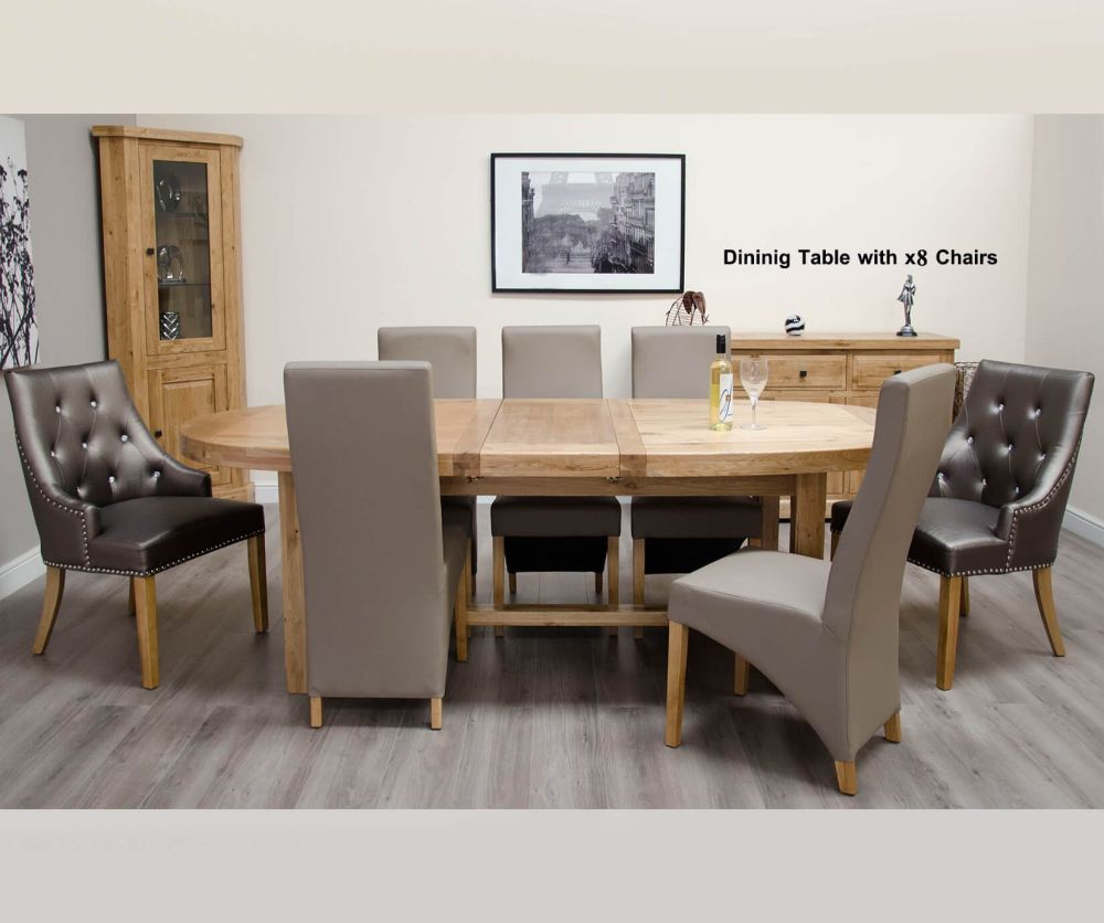 Homestyle GB Deluxe Oak Super Oval Extending Dining Set with 8 Marjukka Tungsten Chairs - 210cm-290cm