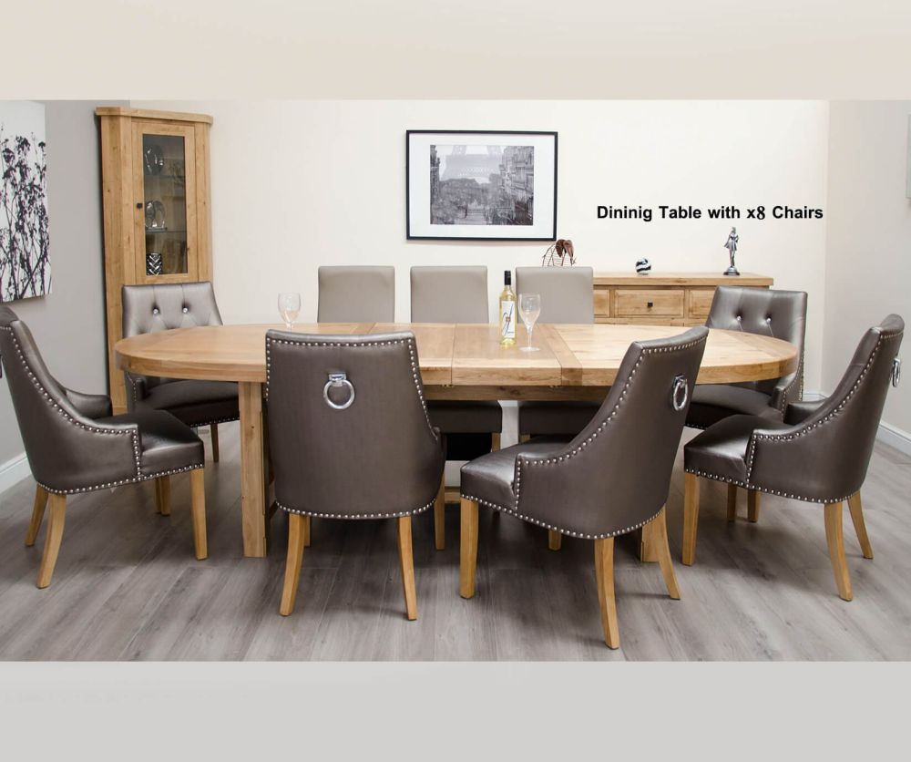 Homestyle GB Deluxe Oak Super Oval Extending Dining Set with 8 Marjukka Tungsten Chairs - 210cm-290cm