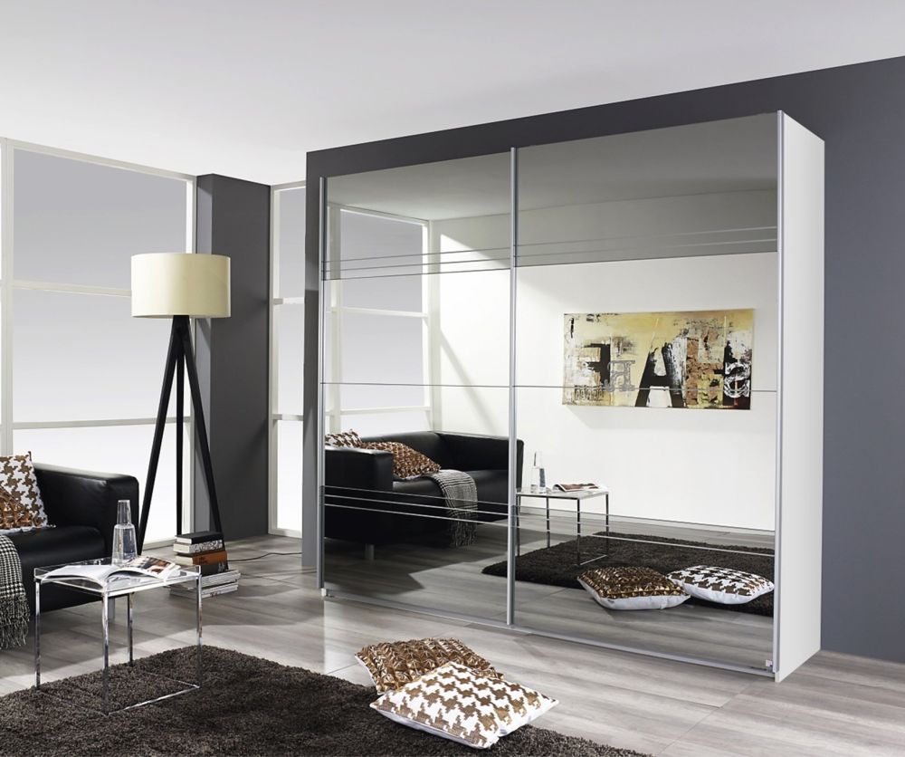 Rauch Koblenz Alpine White 2 Door Sliding Wardrobe with Mirror and Mirror Groove Cutting Application (W226cm)