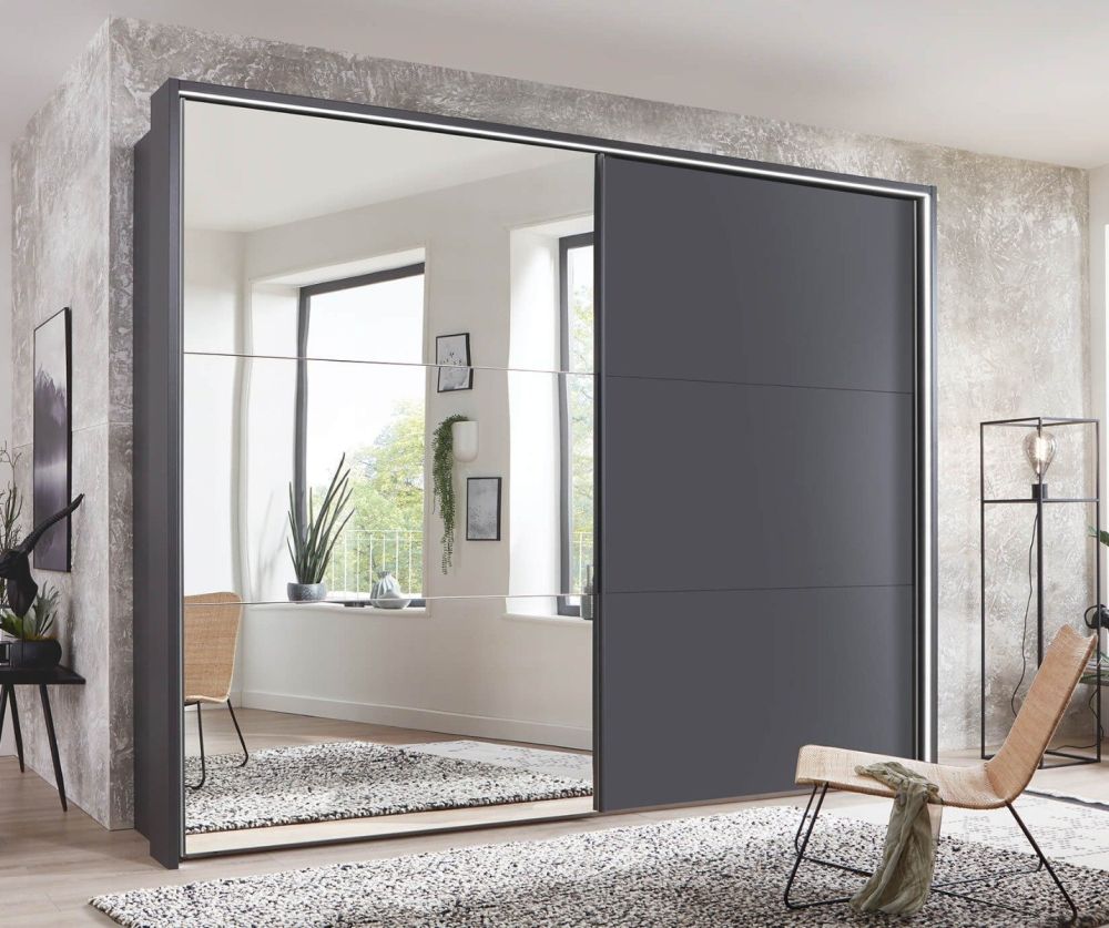 Wiemann Korfu Graphite Wooden and Mirror 2 Door Sliding Wardrobe