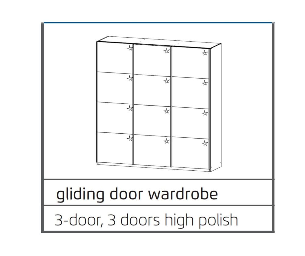 Rauch Kulmbach High Polish White Front 3 Sliding Door Wardrobe with Carcase Colour Handle Strips(W271cm)