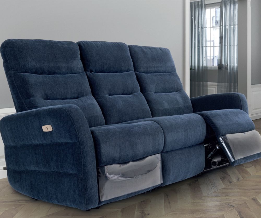 World Furniture Madison Navy Blue Herringbone Fabric Electric Recliner 3 Seater Sofa