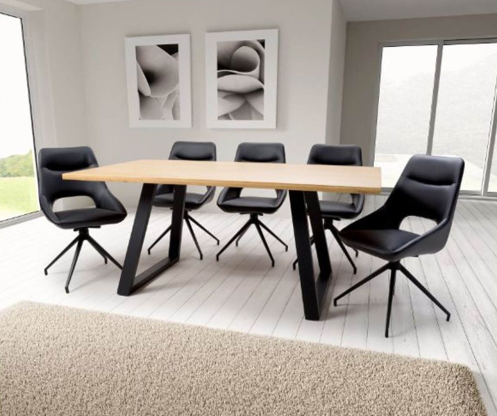 Furniture Link Madrid Oak 220cm Rectangular Dining Table with 6 Ace Black Swivel Dining Chair