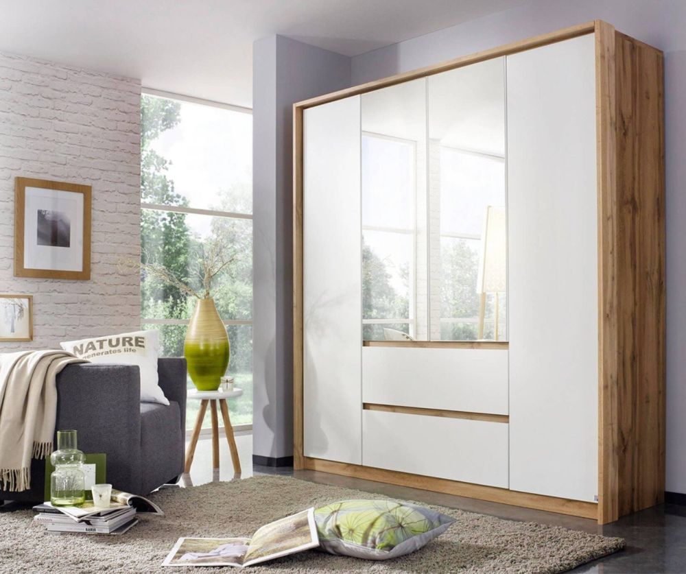 Rauch Mainz Sonoma Oak Colour Carcase with Alpine White Front 4 Door 2 Mirror Combi Wardrobe with Drawers
