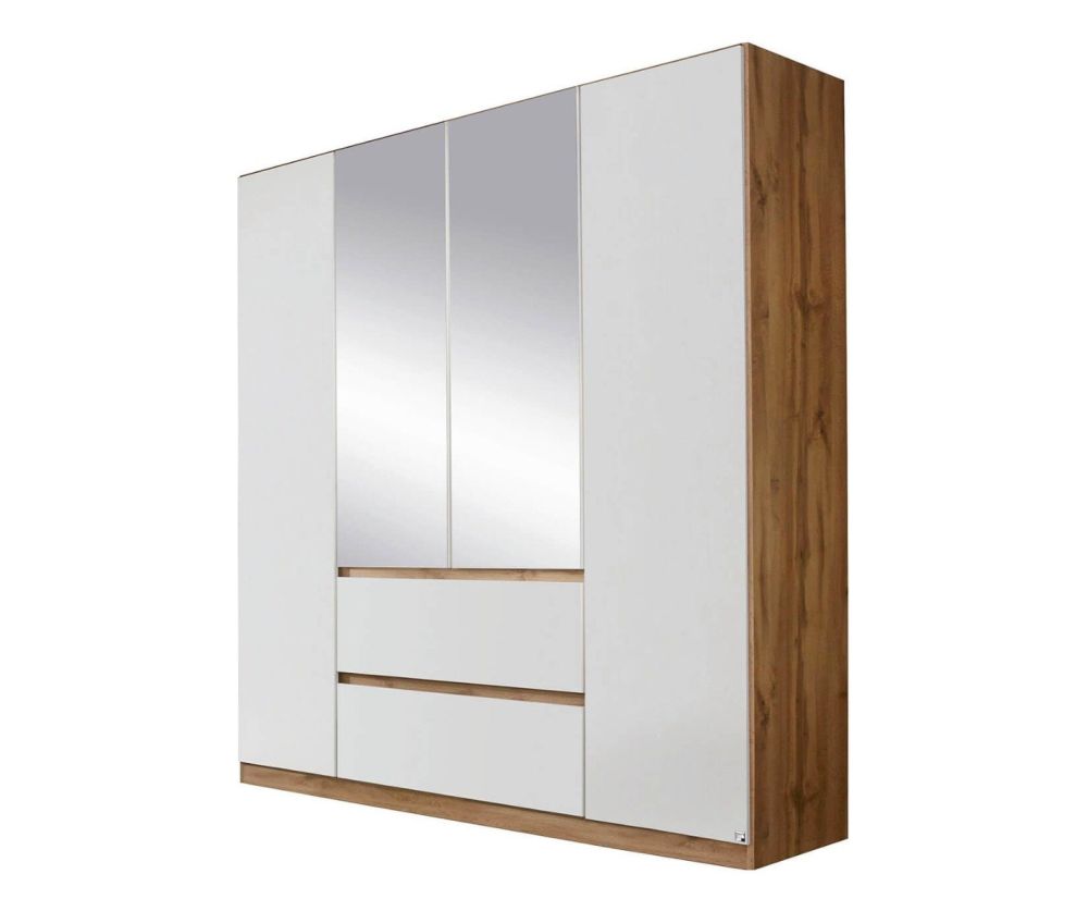 Rauch Mainz Sonoma Oak Colour Carcase with Alpine White Front 4 Door 2 Mirror Combi Wardrobe with Drawers