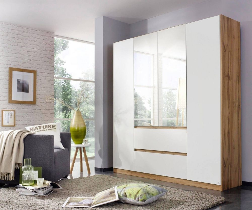 Rauch Mainz Sonoma Oak Colour Carcase with Alpine White Front 4 Door 2 Mirror Combi Wardrobe with Drawers