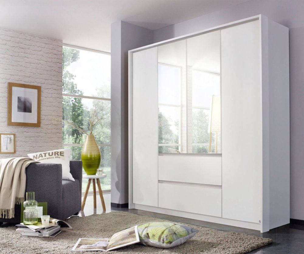 Rauch Mainz Alpine White Carcase with Alpine White Front 4 Door 2 Mirror Combi Wardrobe with Drawers