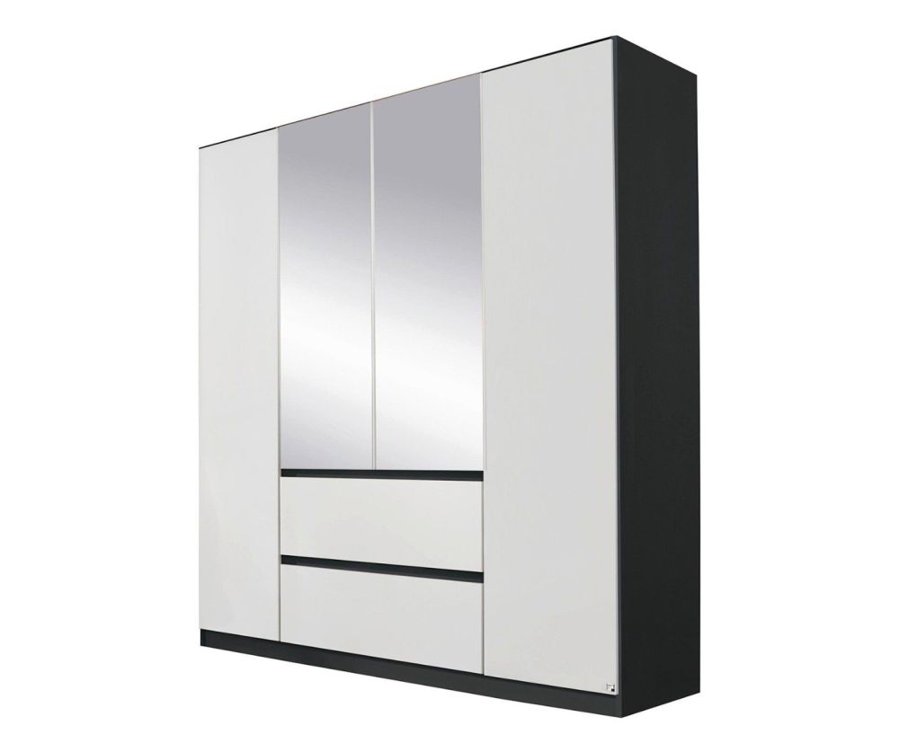 Rauch Mainz Metallic Grey Carcase with Alpine White Front 4 Door 2 Mirror Combi Wardrobe with Drawers