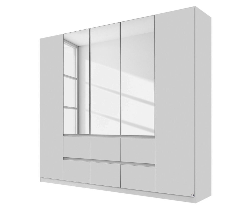 Rauch Mainz Alpine White Carcase with Alpine White Front 5 Door 3 Mirror Combi Wardrobe with Drawers