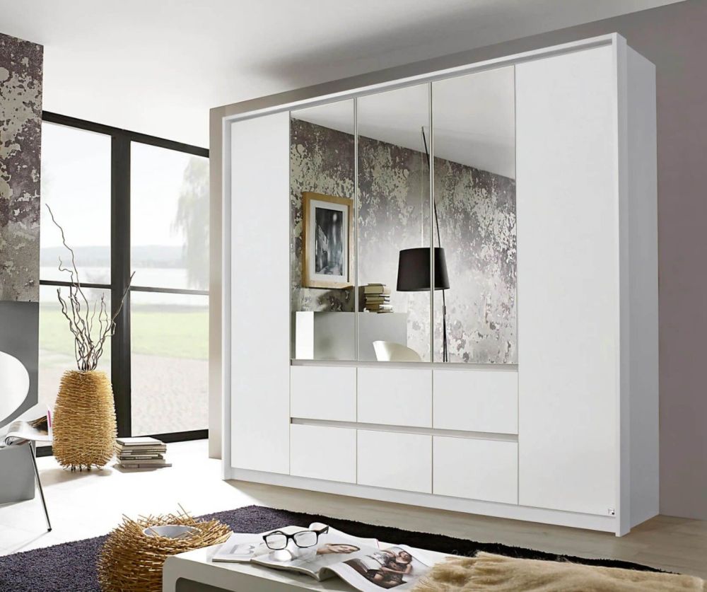 Rauch Mainz Alpine White Carcase with Alpine White Front 5 Door 3 Mirror Combi Wardrobe with Drawers