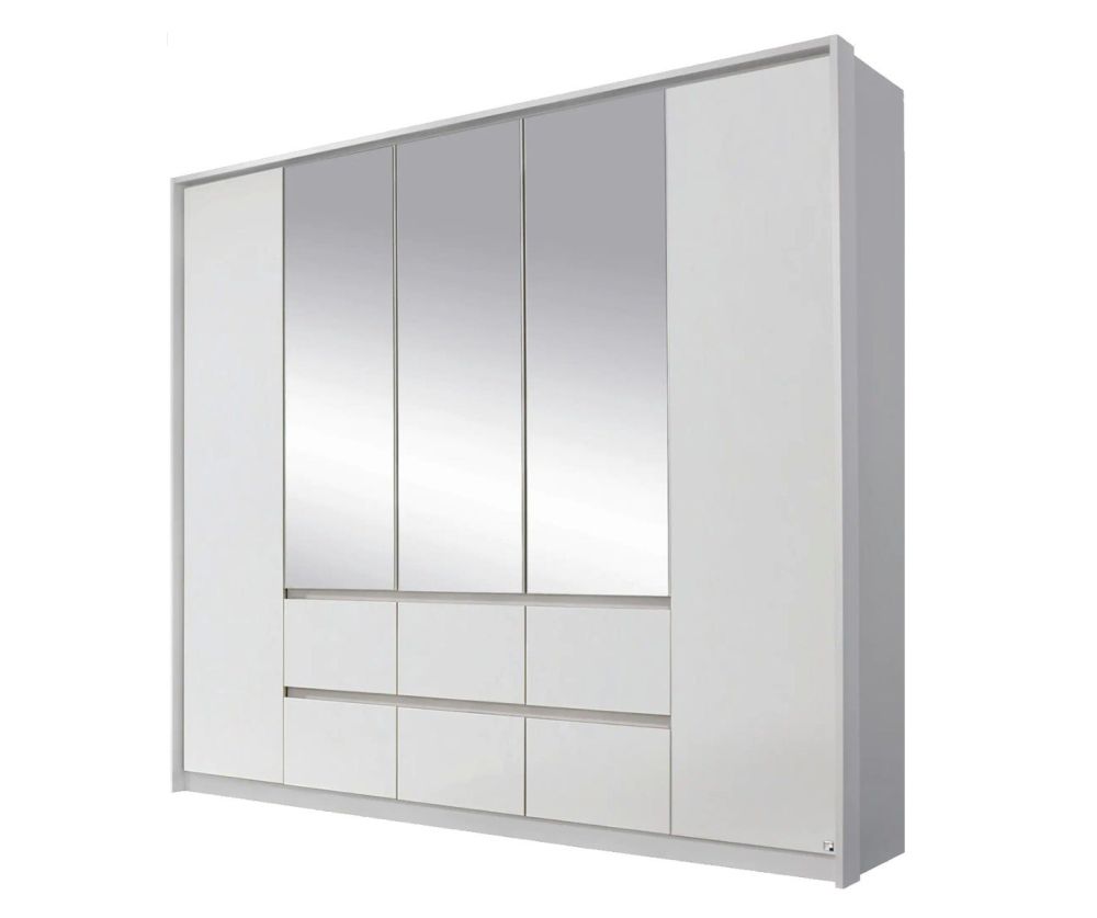 Rauch Mainz Alpine White Carcase with Alpine White Front 5 Door 3 Mirror Combi Wardrobe with Drawers