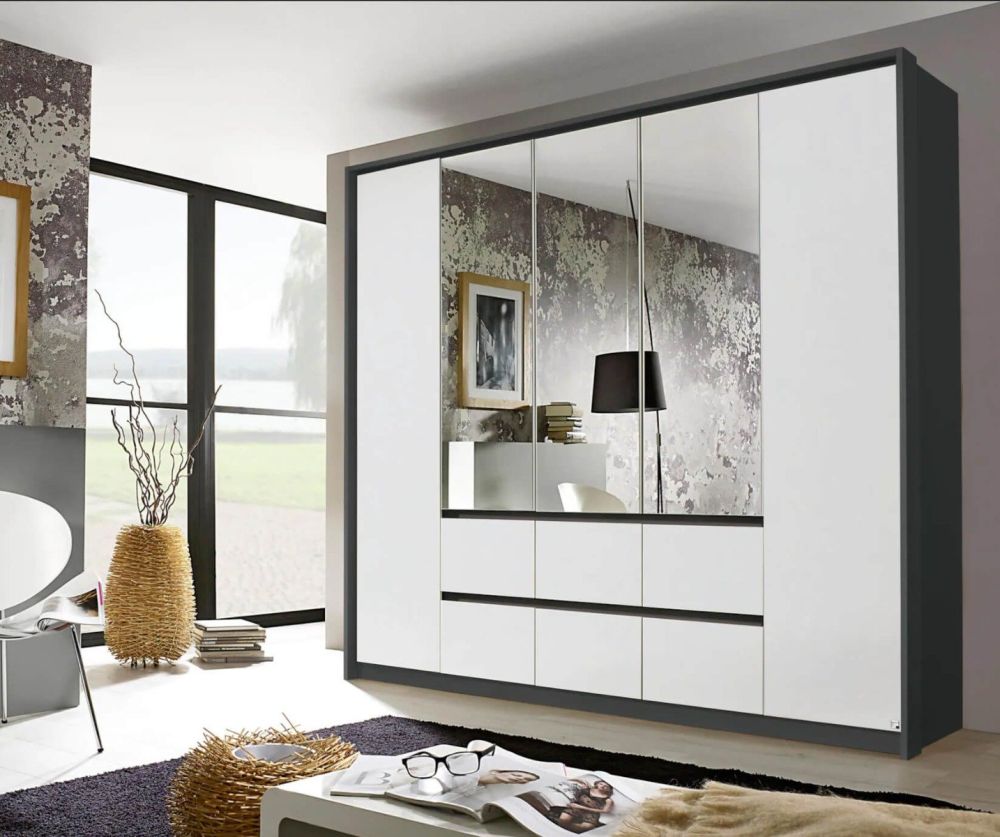 Rauch Mainz Metallic Grey Carcase with Alpine White Front 5 Door 3 Mirror Combi Wardrobe with Drawers