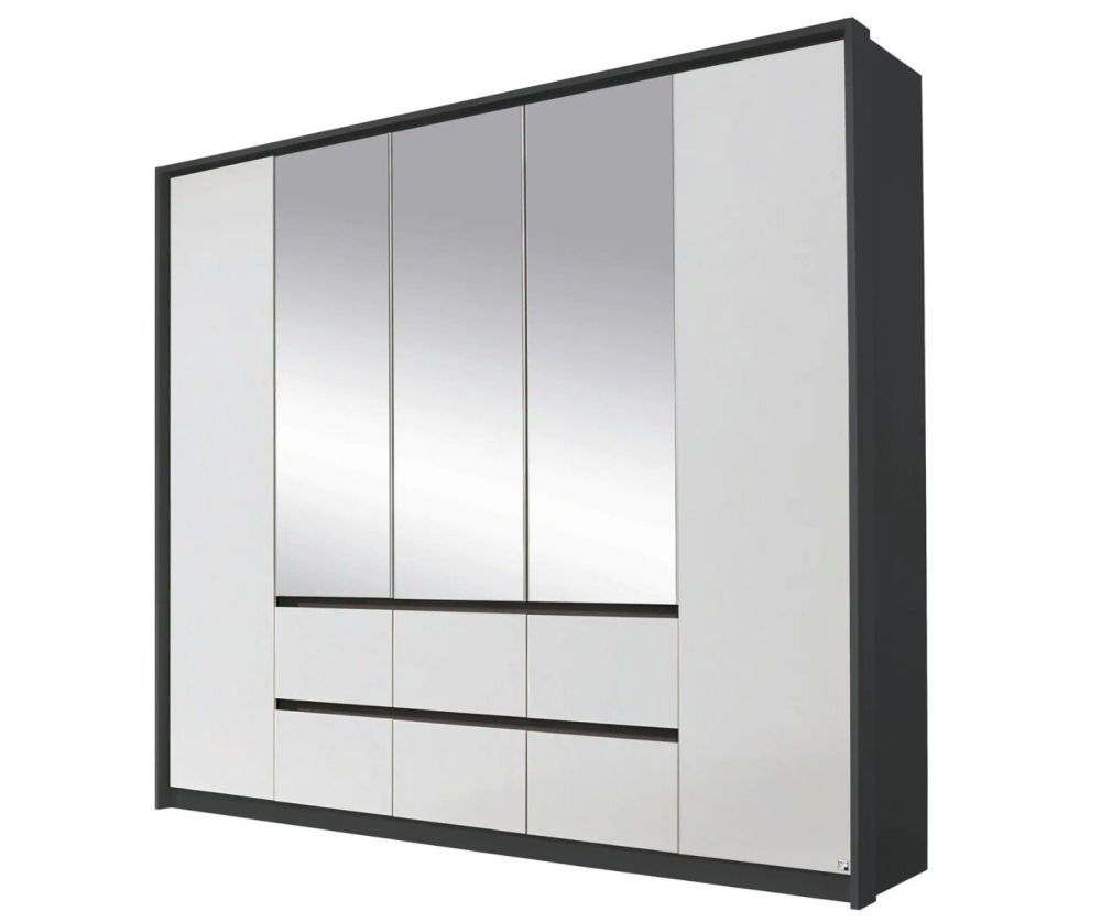 Rauch Mainz Metallic Grey Carcase with Alpine White Front 5 Door 3 Mirror Combi Wardrobe with Drawers