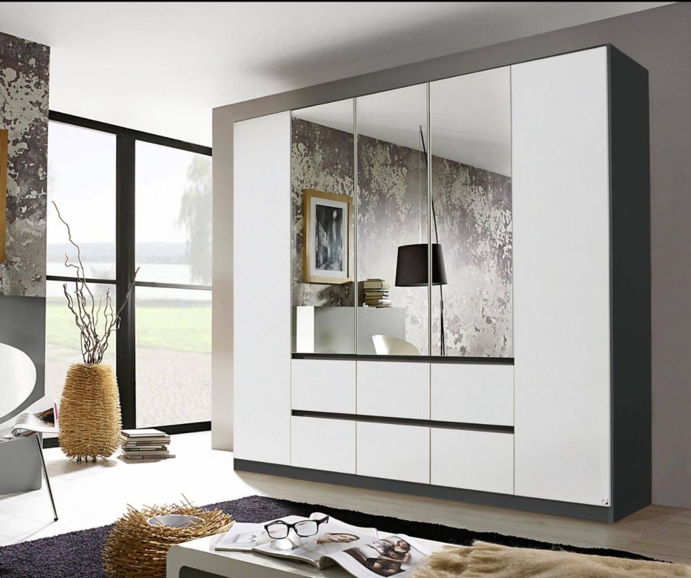 Rauch Mainz Metallic Grey Carcase with Alpine White Front 5 Door 3 Mirror Combi Wardrobe with Drawers