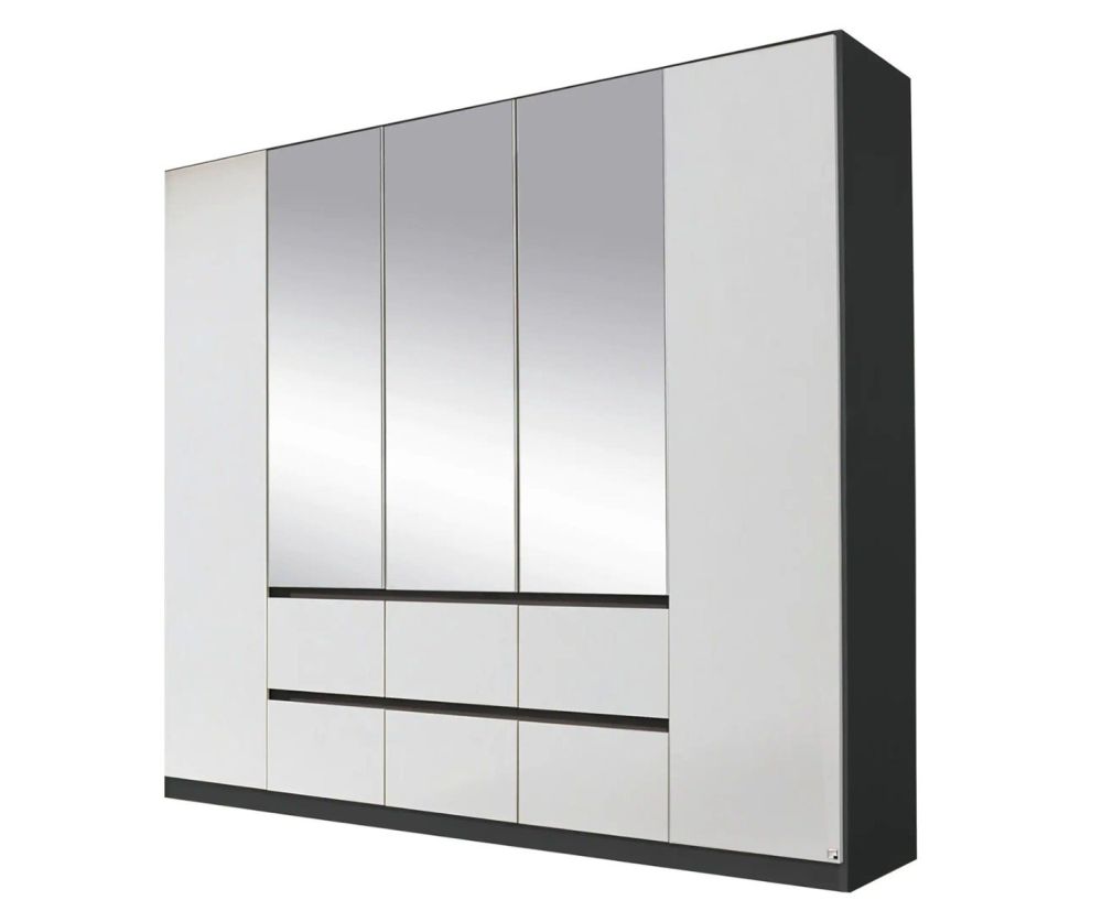 Rauch Mainz Metallic Grey Carcase with Alpine White Front 5 Door 3 Mirror Combi Wardrobe with Drawers