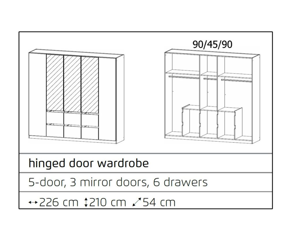 Rauch Mainz Metallic Grey Carcase with Alpine White Front 5 Door 3 Mirror Combi Wardrobe with Drawers