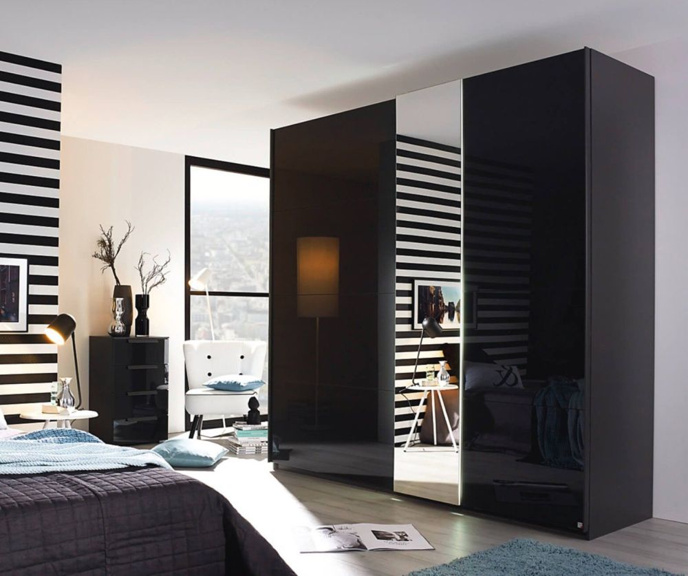 Rauch Miramar Graphite Carcase with Basalt Glass Front 2 Door 1 Mirror Sliding Wardrobe(W181cm)