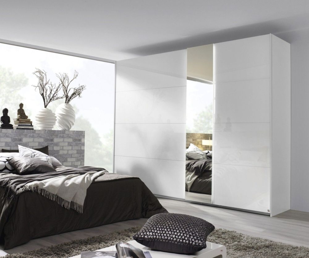 Rauch Miramar Alpine White Carcase with Crystal White Glass Front 2 Door 1 Mirror Sliding Wardrobe(W226cm)