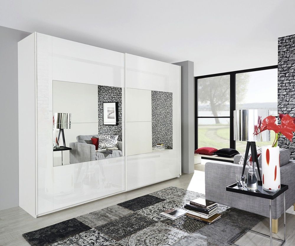 Rauch Miramar Alpine White Carcase with Crystal White Glass 2 Sliding Middle Mirror Door wardrobe(W226cm)