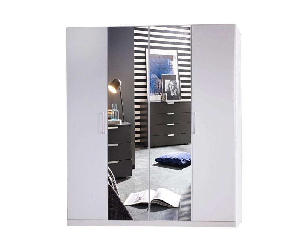 Rauch Miramar Alpine White Carcase with Crystal White Glass Front 4 Door 2 Mirror Wardrobe