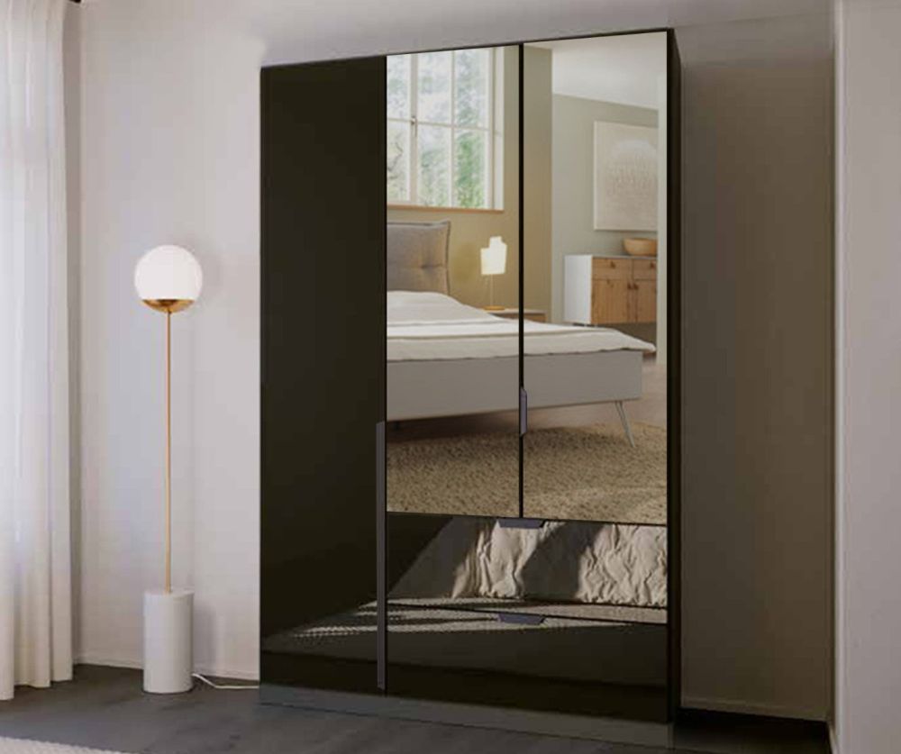 Rauch Modern Quadra Spin Alpine White Carcase with White Glass Front 3 Door 2 Glass Drawer Combi Wardrobe with Mirror