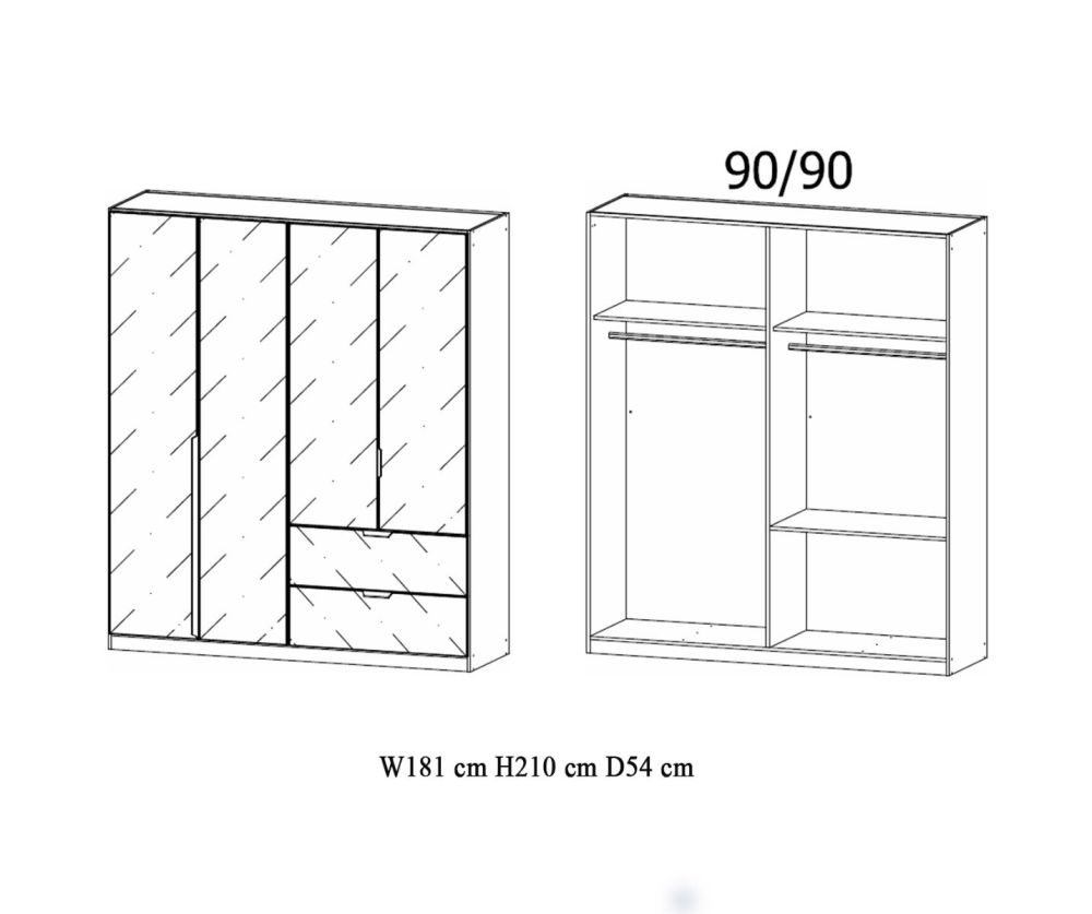 Rauch Modern Quadra Spin Metallic Grey Carcase with Basalt Glass Front 4 Glass door 2 Drawer  Combi Wardrobe