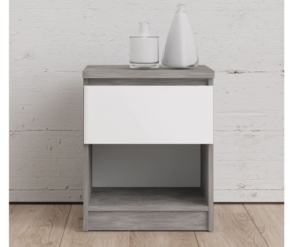 FTG Naia Concrete and White High Gloss 1 Drawer Bedside with 1 self