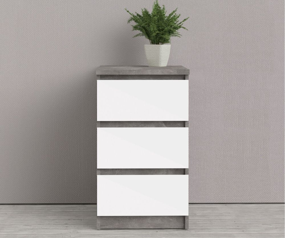 FTG Naia Concrete and White High Gloss 3 Drawer Bedside Cabinet