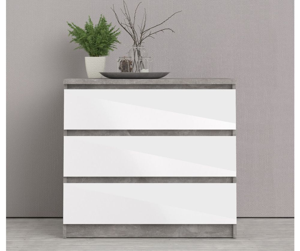 FTG Naia Concrete and White High Gloss 3 Drawer Chest