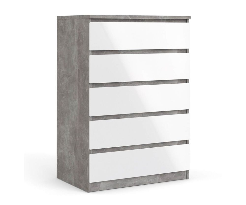 FTG Naia Concrete and White High Gloss 5 Drawer Chest