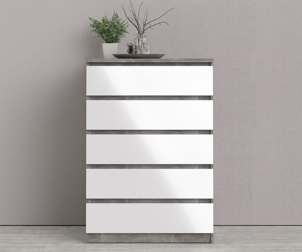 FTG Naia Concrete and White High Gloss 5 Drawer Chest