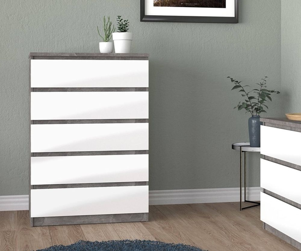 FTG Naia Concrete and White High Gloss 5 Drawer Chest