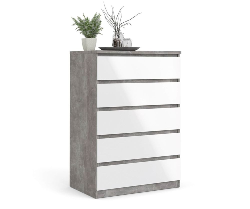 FTG Naia Concrete and White High Gloss 5 Drawer Chest