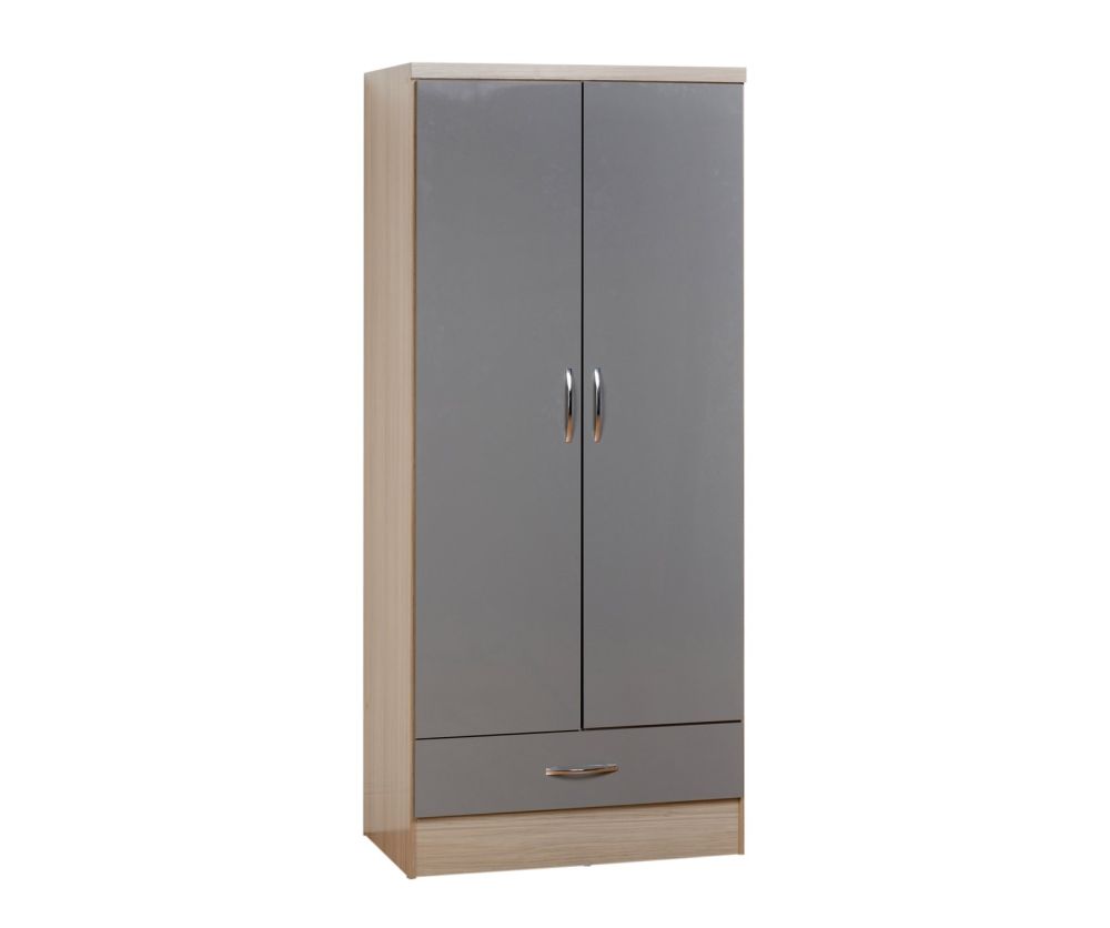 Seconique Nevada Grey High Gloss 2 Door 1 Drawer Wardrobe