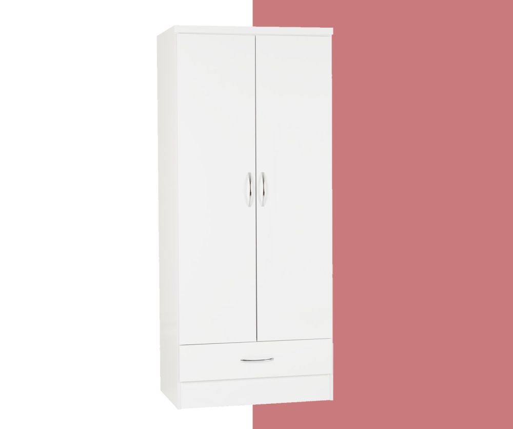 Seconique Nevada White Gloss 2 Door 1 Drawer Wardrobe