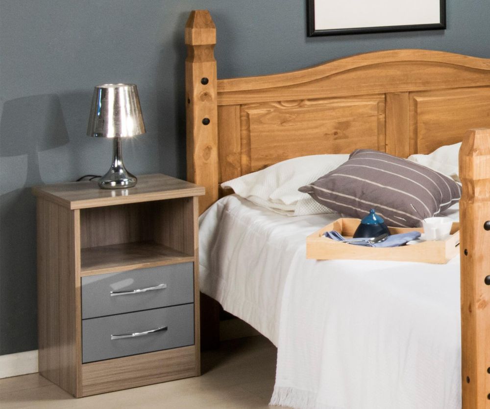 Seconique Nevada Grey High Gloss 2 Drawer Bedside Cabinet