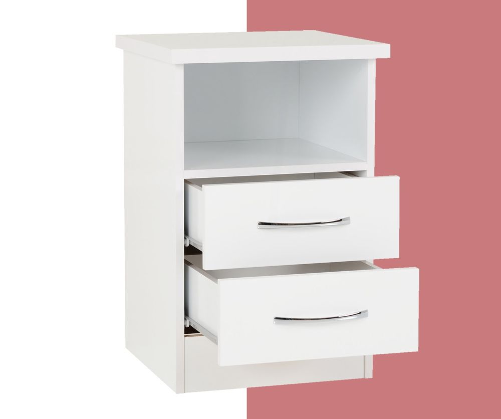 Seconique Nevada White Gloss 2 Drawer Bedside Cabinet