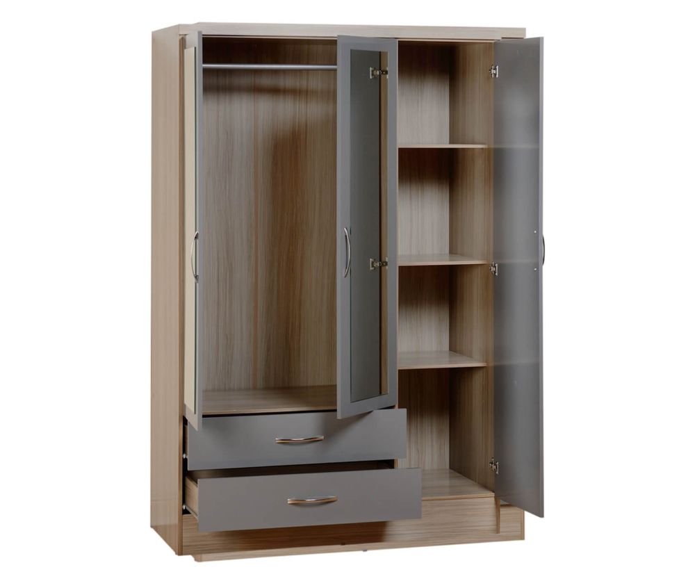Seconique Nevada Grey High Gloss 3 Door 2 Drawer Mirrored Wardrobe