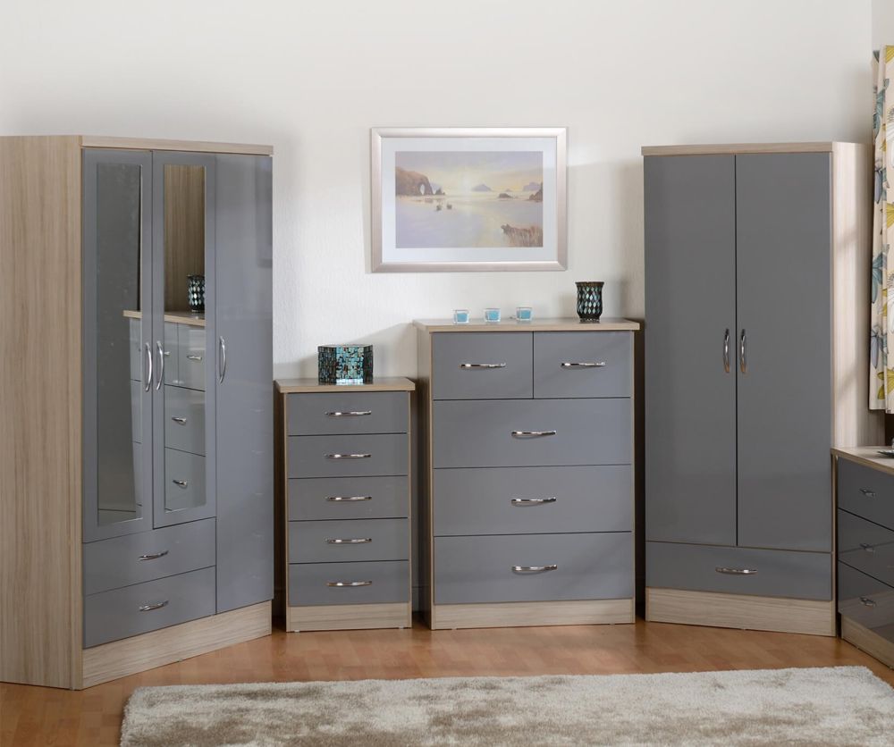 Seconique Nevada Grey High Gloss 3 Door 2 Drawer Mirrored Wardrobe