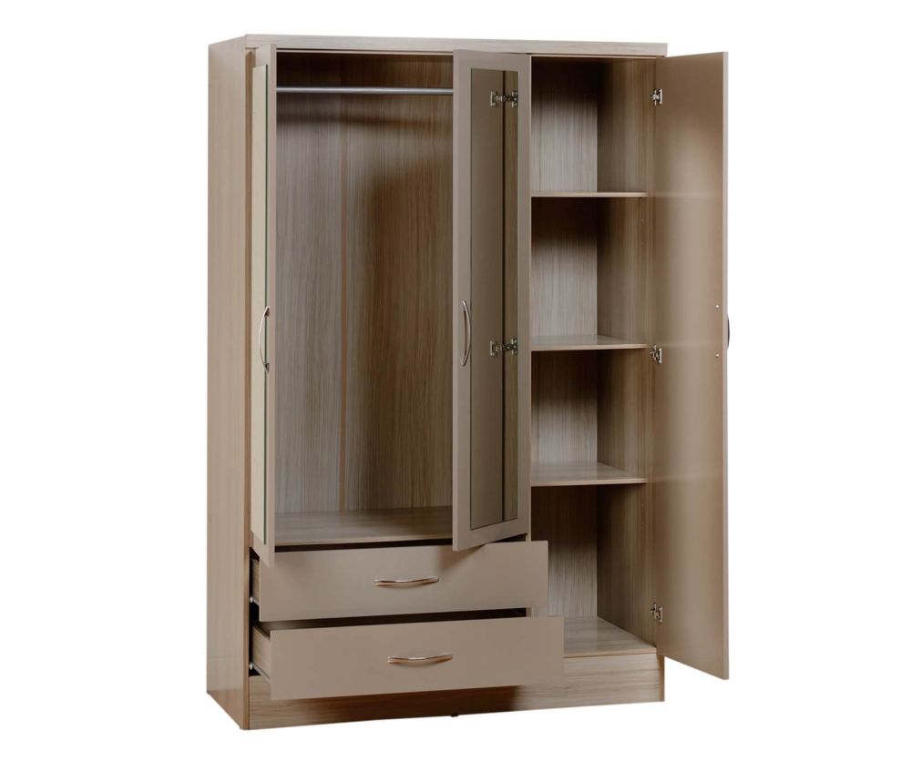 Seconique Nevada Oyster High Gloss 3 Door 2 Drawer Mirrored Wardrobe