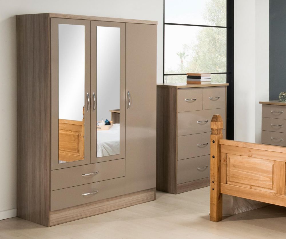 Seconique Nevada Oyster High Gloss 3 Door 2 Drawer Mirrored Wardrobe